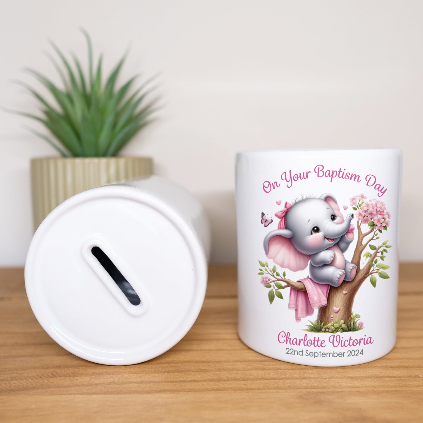PERSONALISED ELEPHANT CHRISTENING CERAMIC MONEY BOX MB006