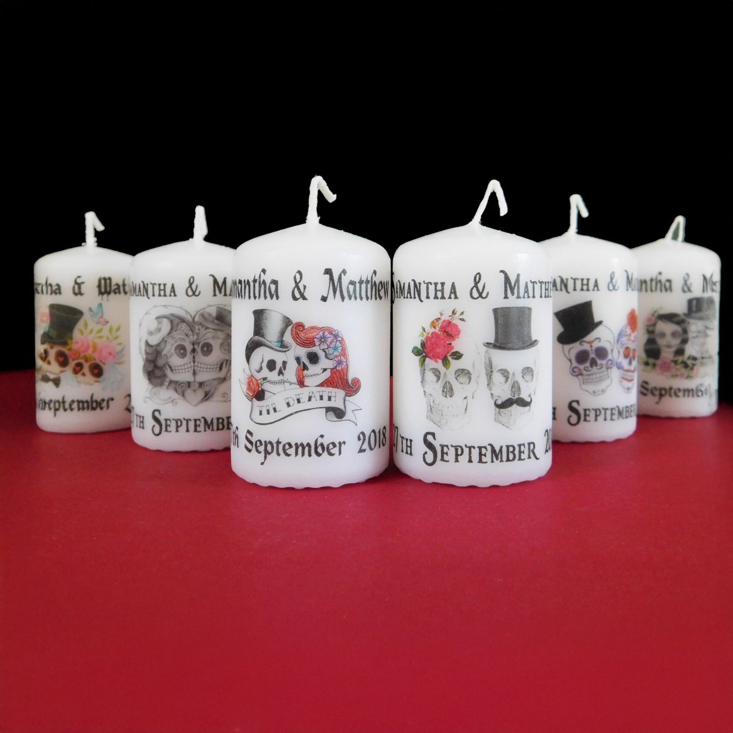 PERSONALISED 60MM SKULL WEDDING CANDLE FAVOURS PK10 - M027