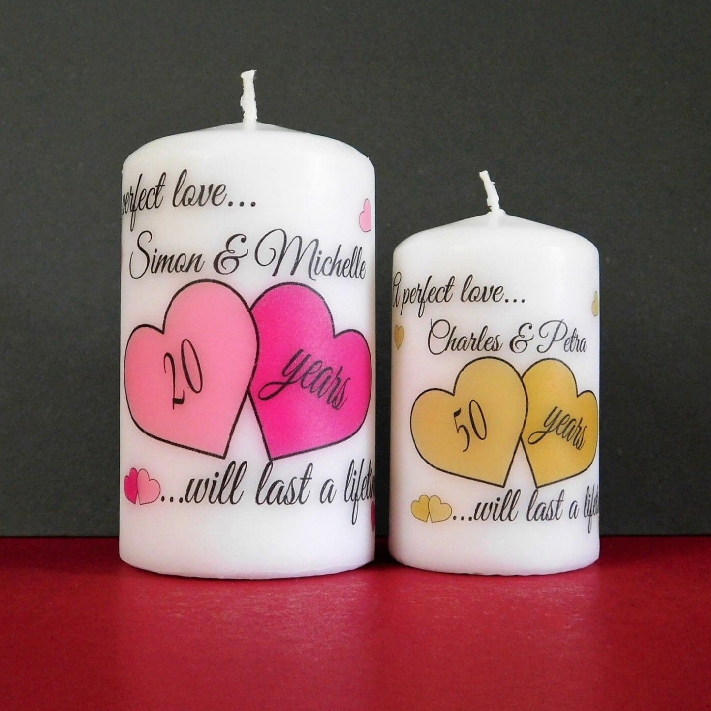 Personalised Anniversary Hearts Pillar Candle – 2 Sizes