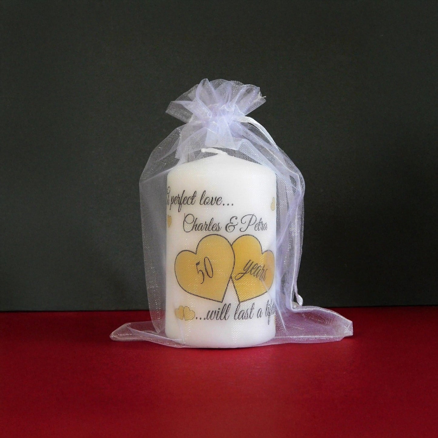 PERSONALISED ANNIVERSARY HEARTS PILLAR CANDLE (2 SIZES)