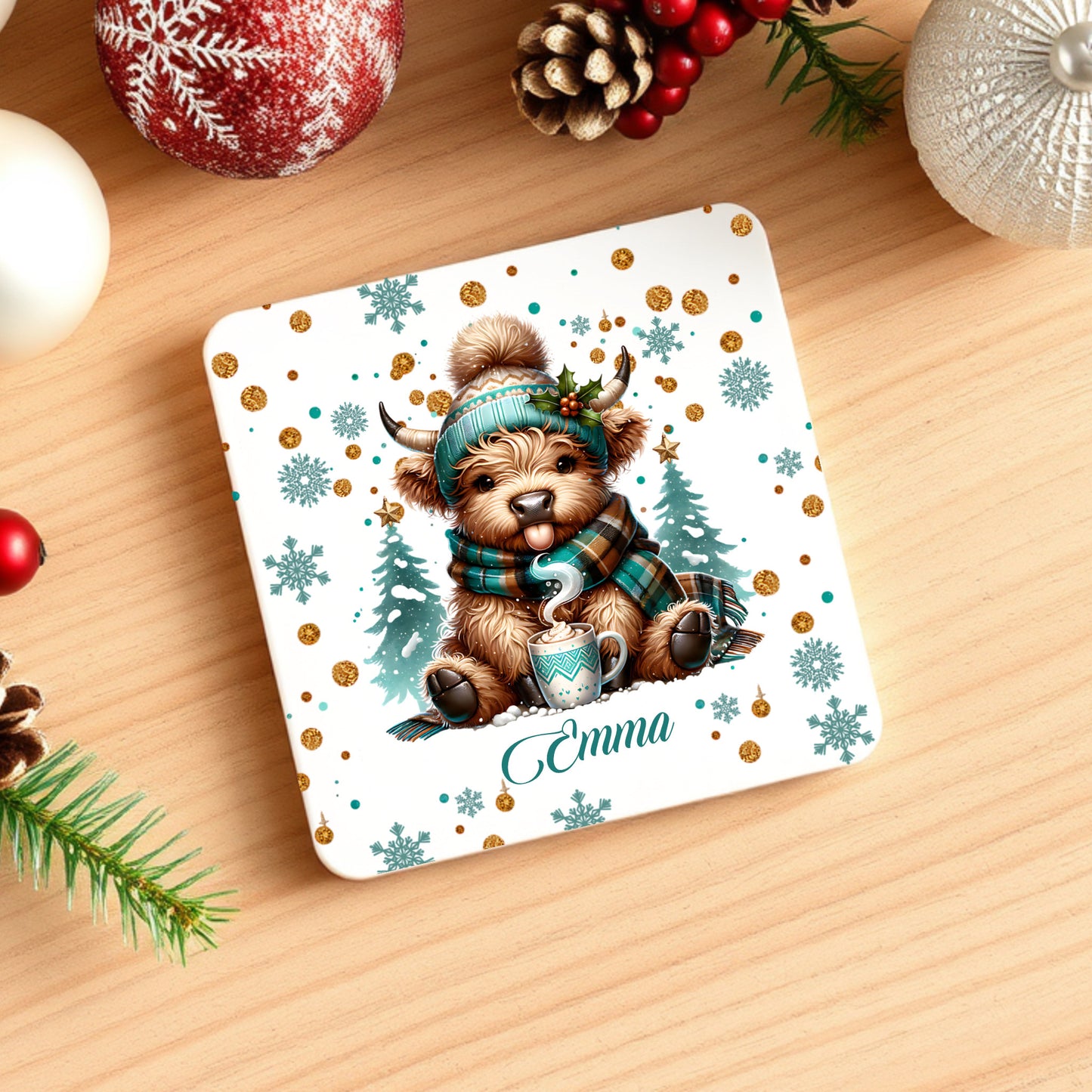 PERSONALISED GREEN HIGHLAND COW CHRISTMAS MUG MG134