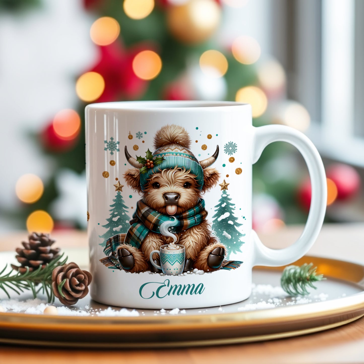 PERSONALISED GREEN HIGHLAND COW CHRISTMAS MUG MG134