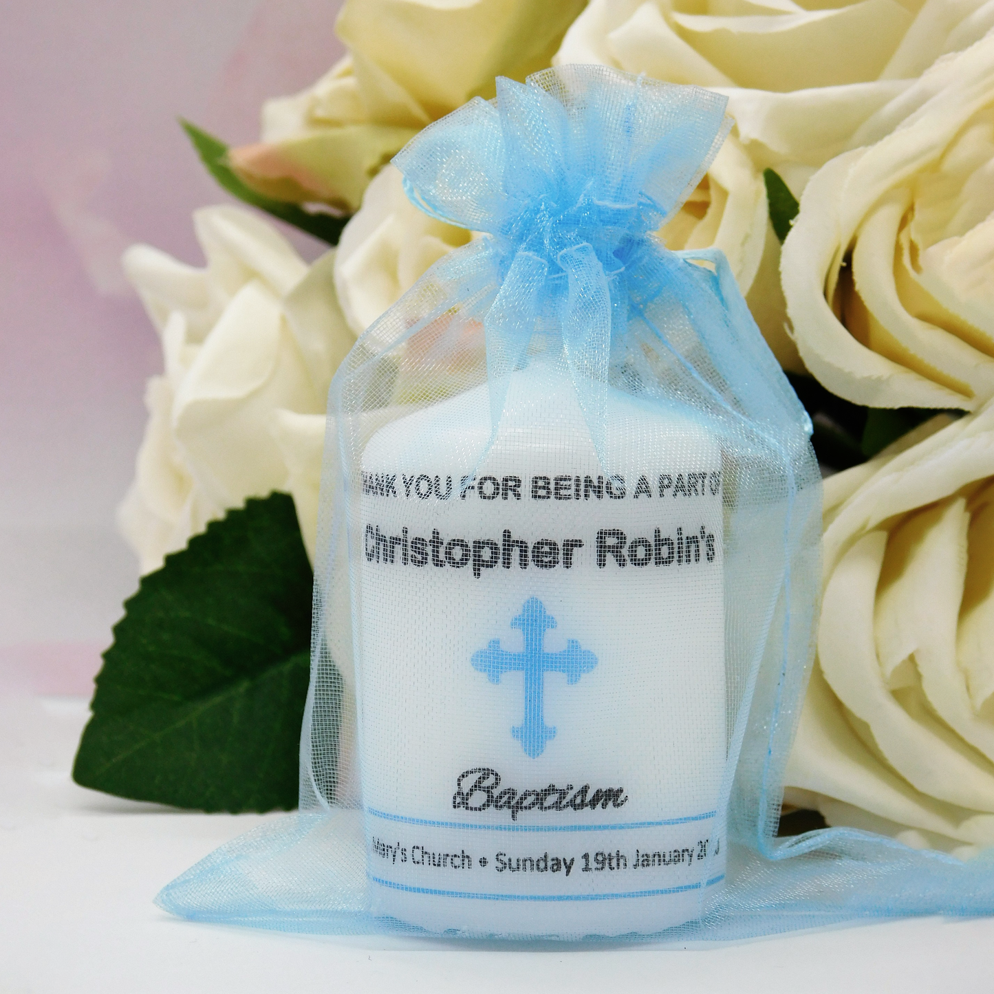 PERSONALISED PK10 6CM CHRISTENING CANDLE FAVOURS M015