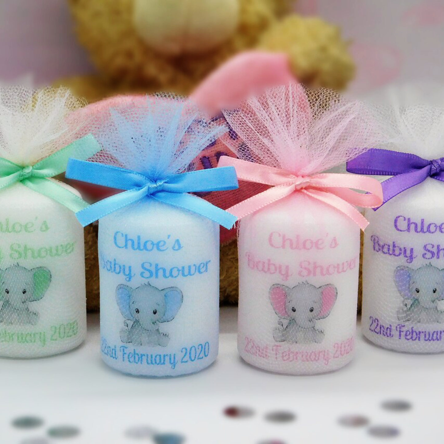 PERSONALISED PK10 ELEPHANT BABY SHOWER 6CM CANDLES FAVOURS M002
