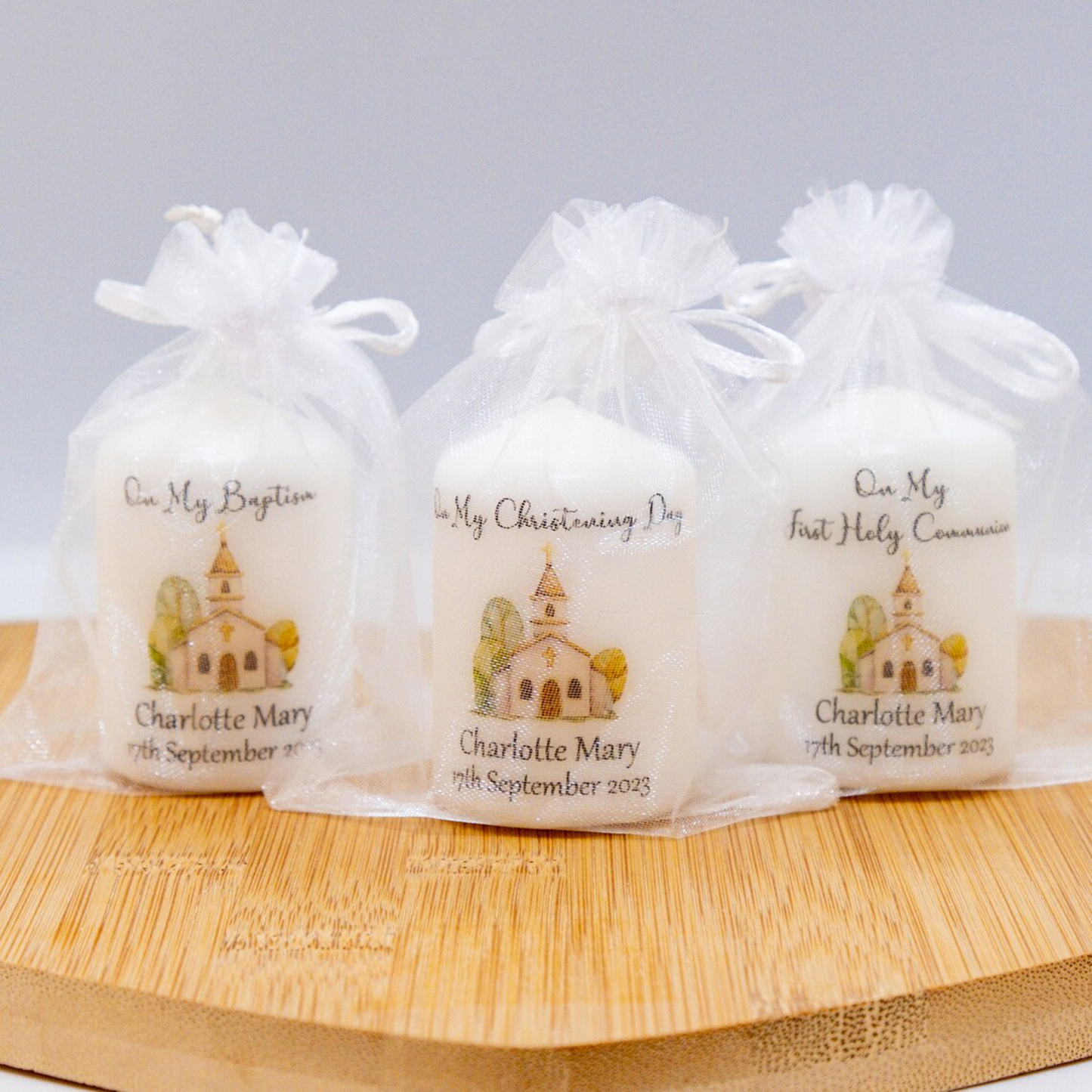 PERSONALISED 6CM CURCH DESIGN CANDLE FAVOURS PK10 M017