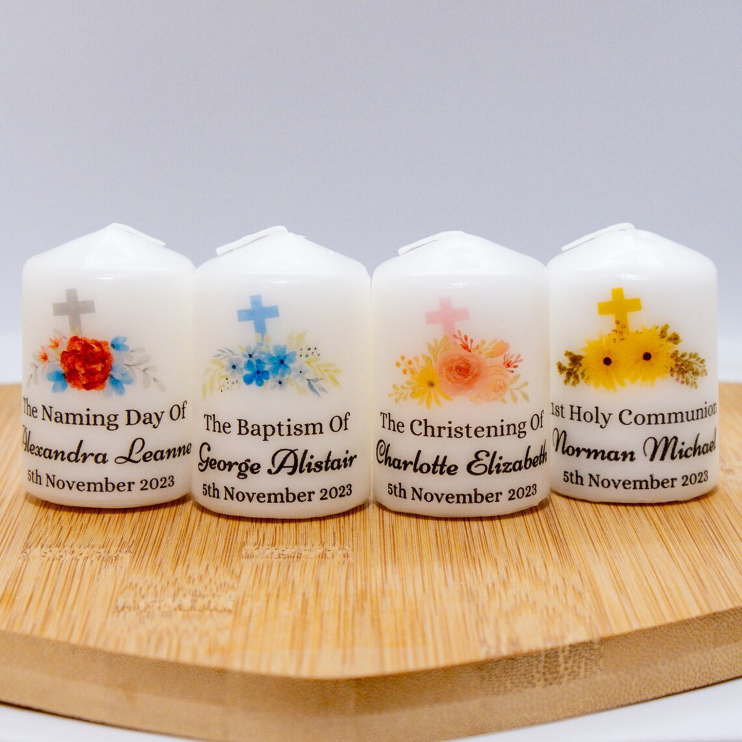 PERSONALISED PK10 6CM FLORAL CROSS CHRISTENING CANDLE FAVOURS M014