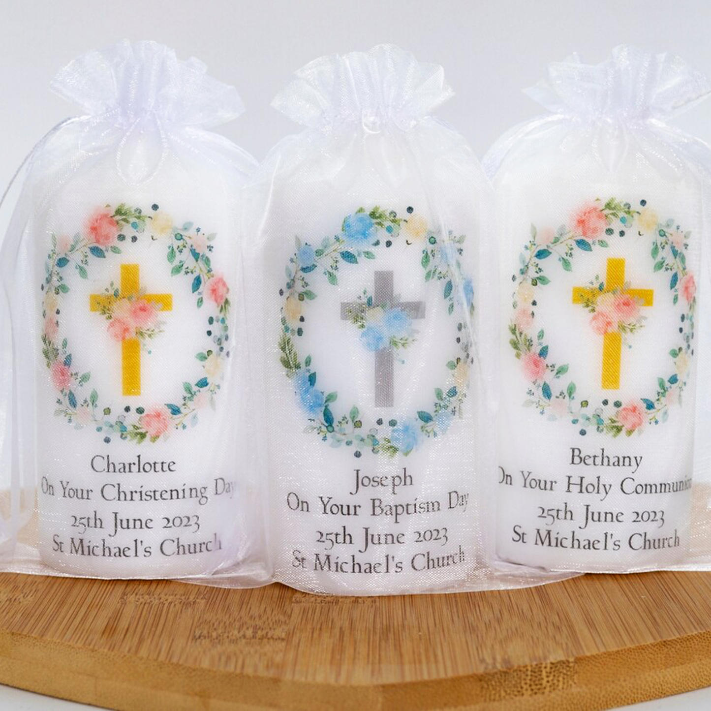 PERSONALISED 12CM FLORAL CROSS CHRISTENING CANDLE P010
