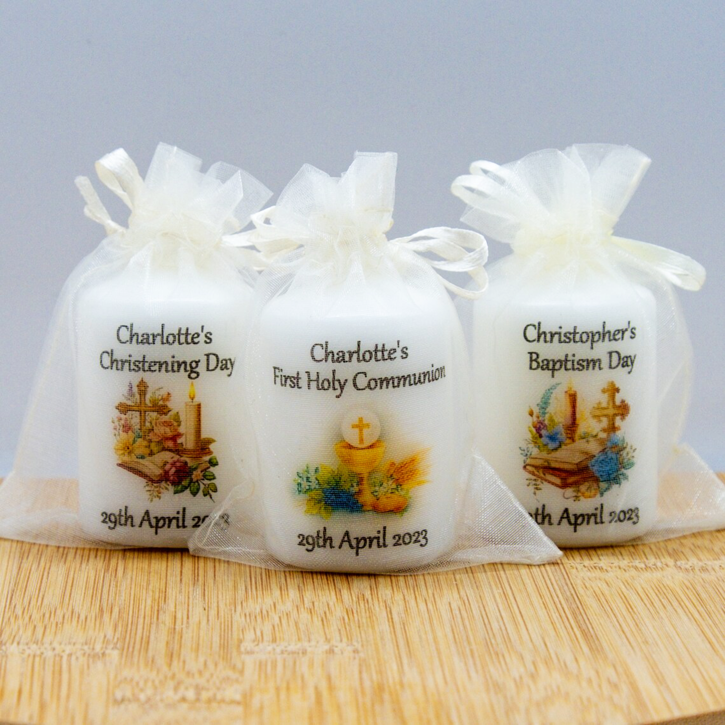 PERSONALISED PK10 RUSTIC/VINTAGE 6CM CANDLE FAVOURS M020