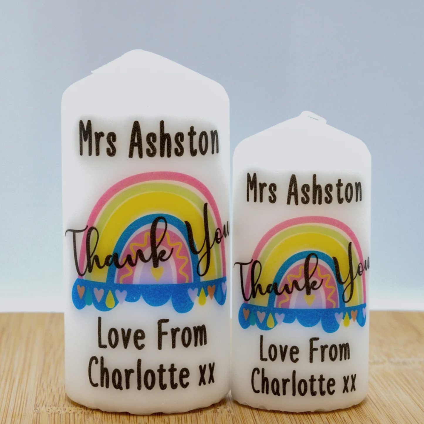 PERSONALISED RAINBOW THANK YOU CANDLE P070