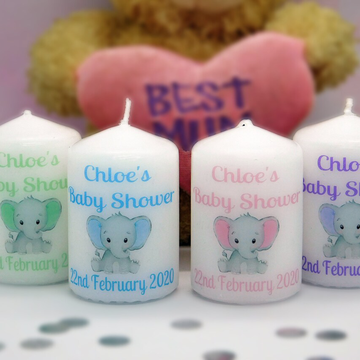 PERSONALISED PK10 ELEPHANT BABY SHOWER 6CM CANDLES FAVOURS M002