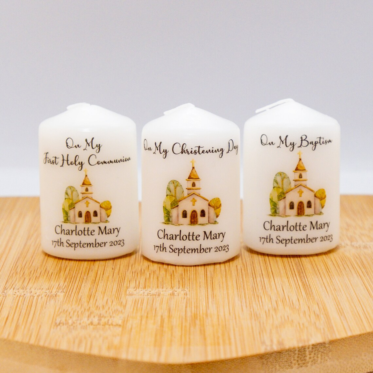 PERSONALISED 6CM CURCH DESIGN CANDLE FAVOURS PK10 M017