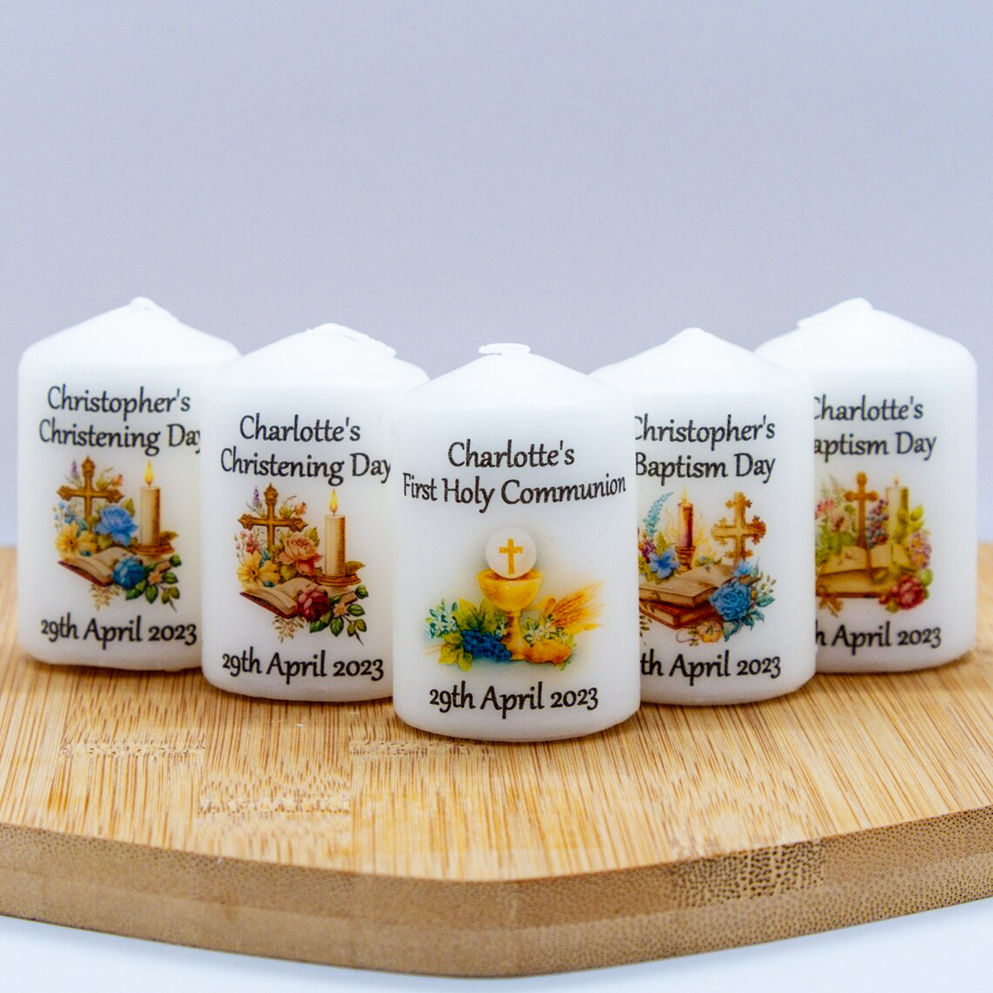 PERSONALISED PK10 RUSTIC/VINTAGE 6CM CANDLE FAVOURS M020