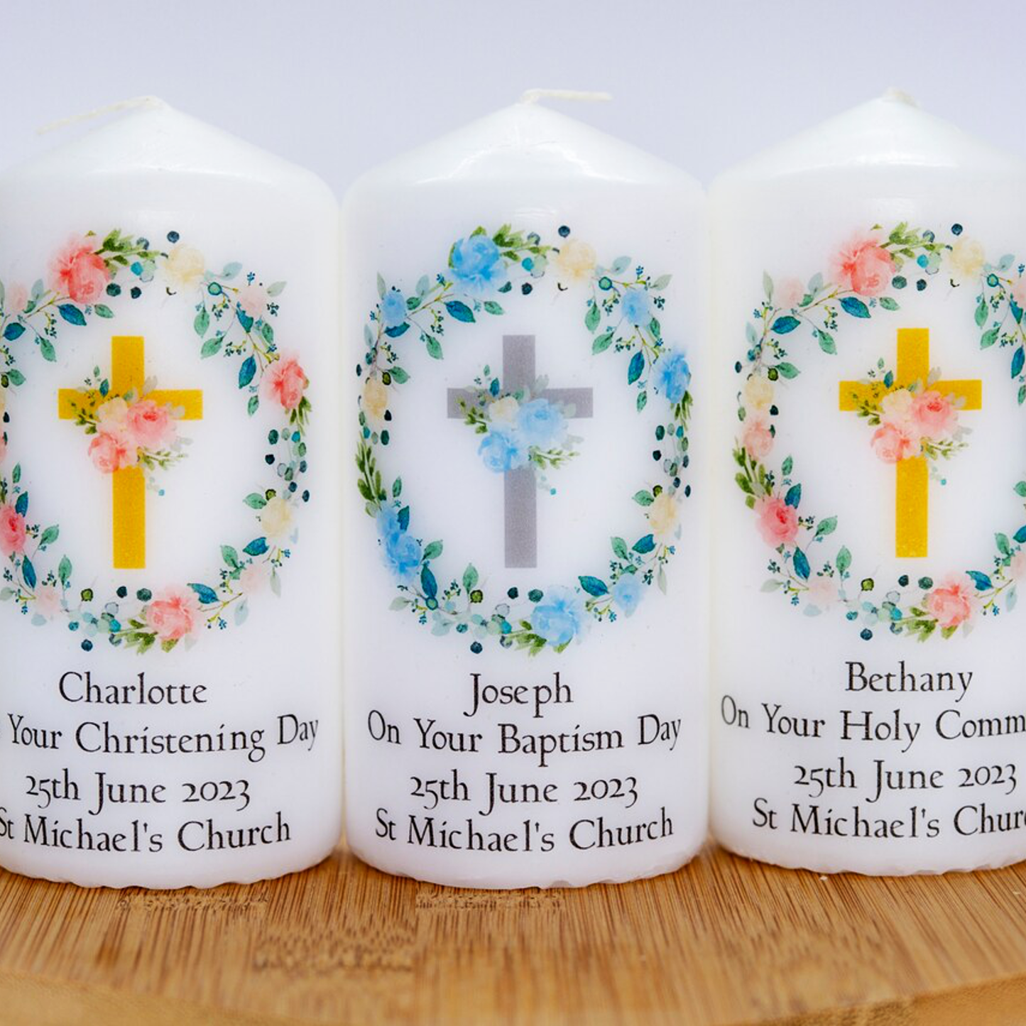PERSONALISED 12CM FLORAL CROSS CHRISTENING CANDLE P010