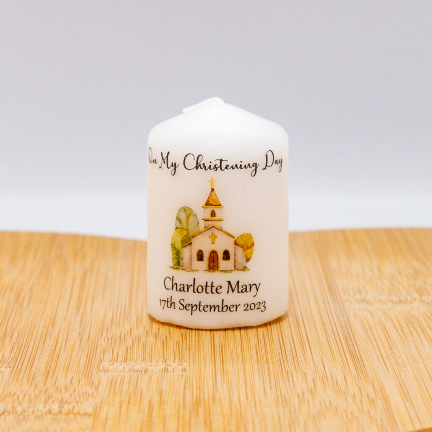 PERSONALISED 6CM CURCH DESIGN CANDLE FAVOURS PK10 M017