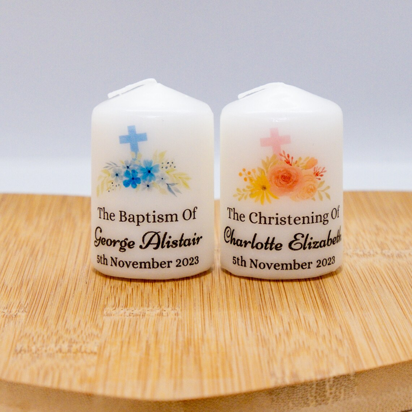 PERSONALISED PK10 6CM FLORAL CROSS CHRISTENING CANDLE FAVOURS M014
