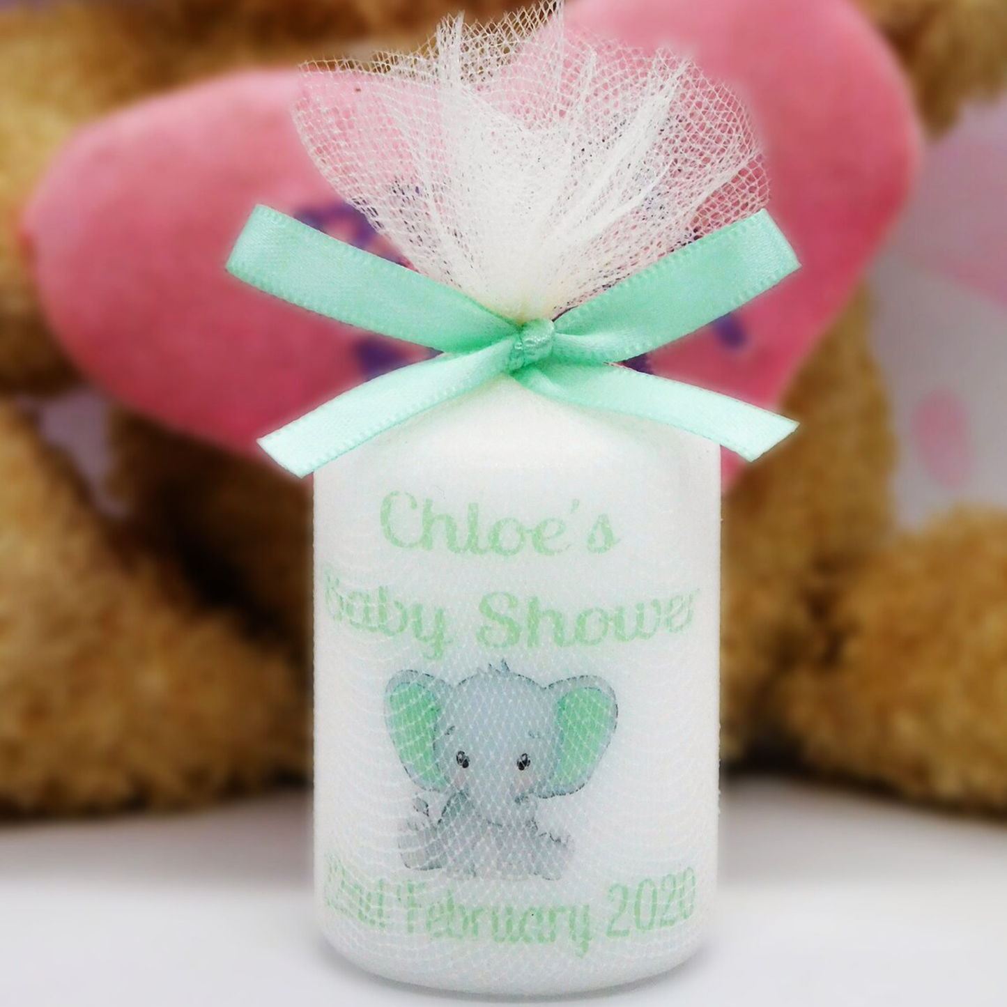 PERSONALISED PK10 ELEPHANT BABY SHOWER 6CM CANDLES FAVOURS M002