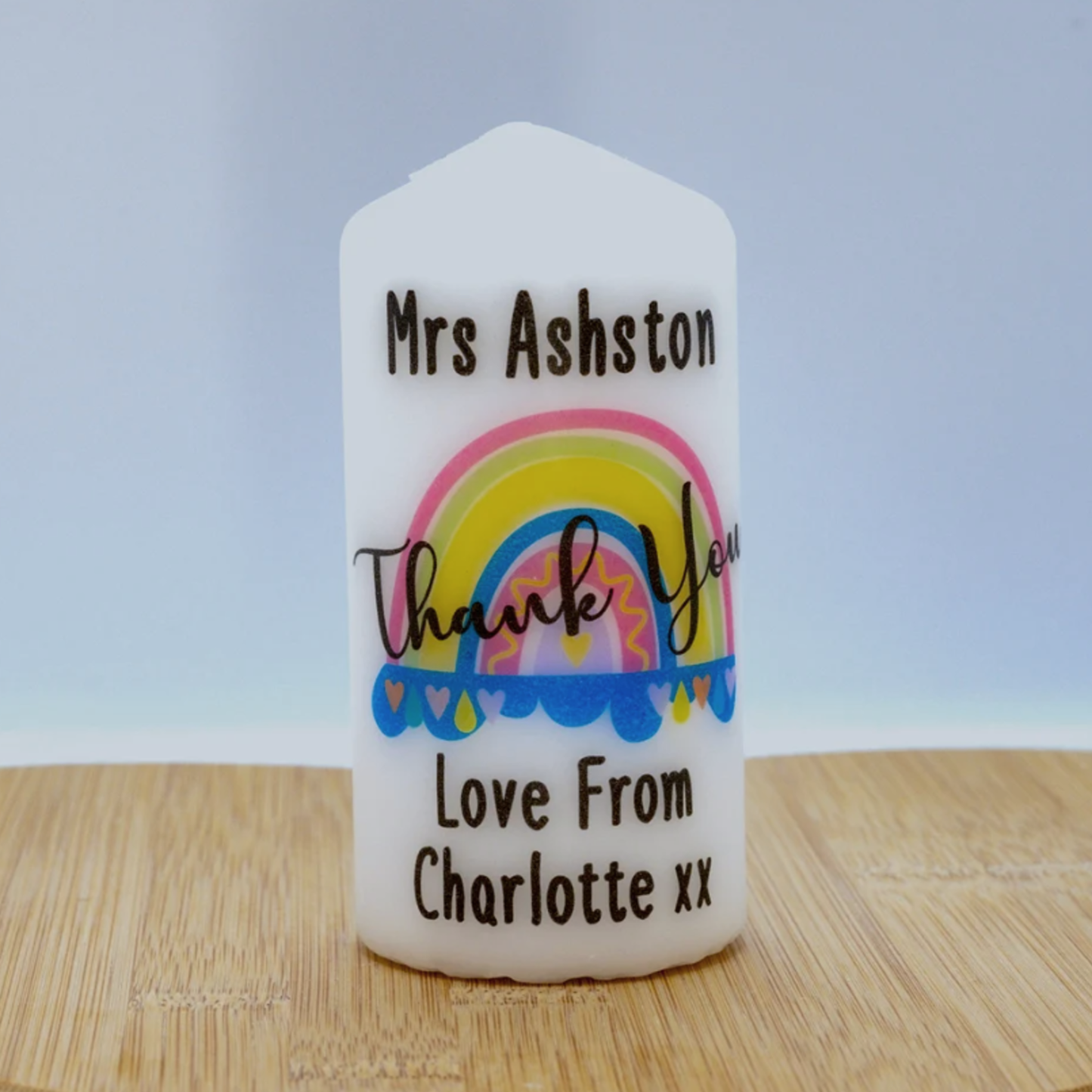 PERSONALISED RAINBOW THANK YOU CANDLE P070