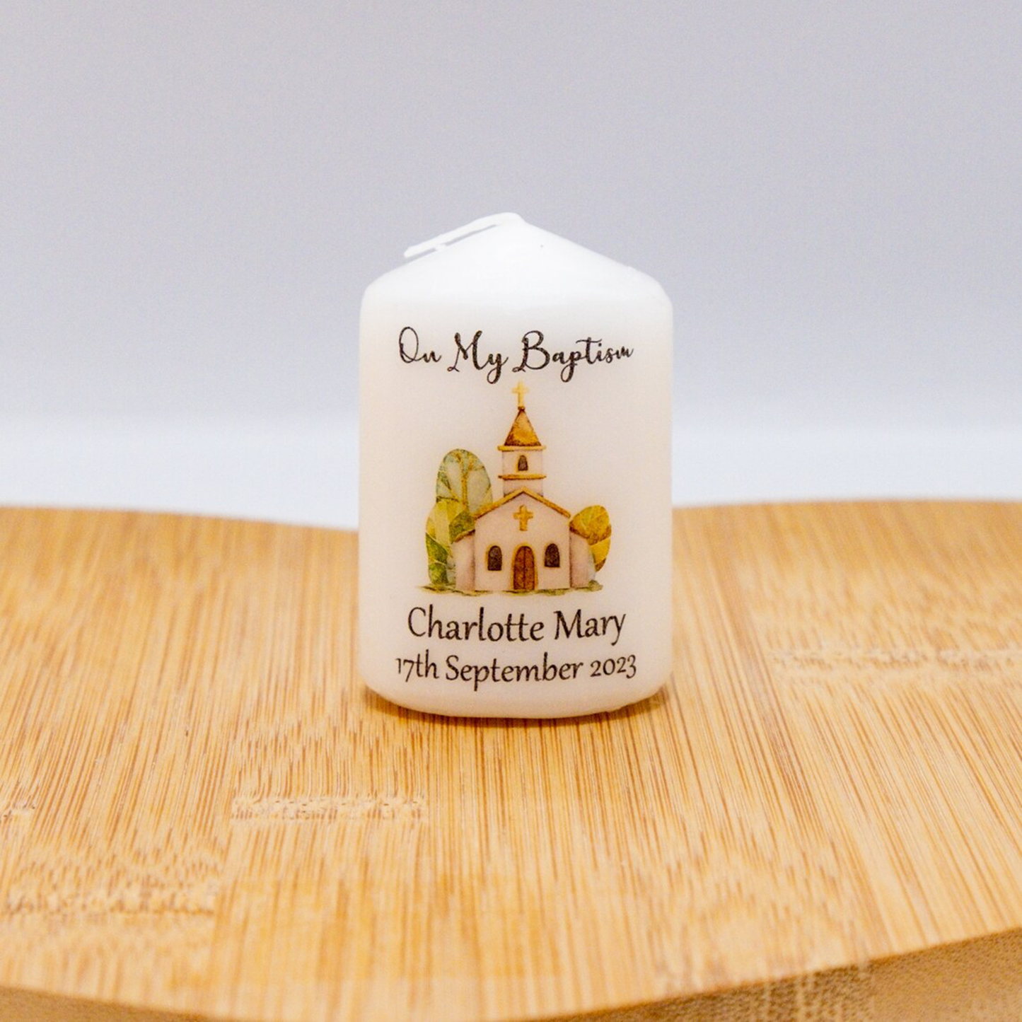 PERSONALISED 6CM CURCH DESIGN CANDLE FAVOURS PK10 M017