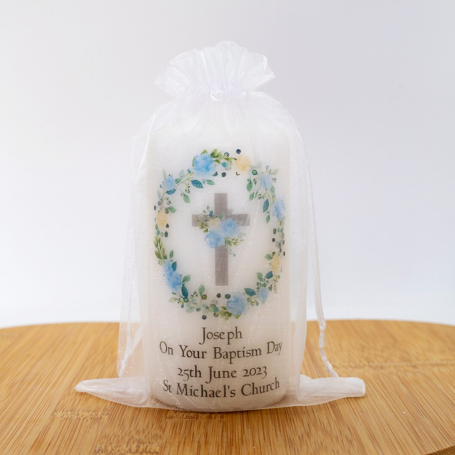 PERSONALISED 12CM FLORAL CROSS CHRISTENING CANDLE P010