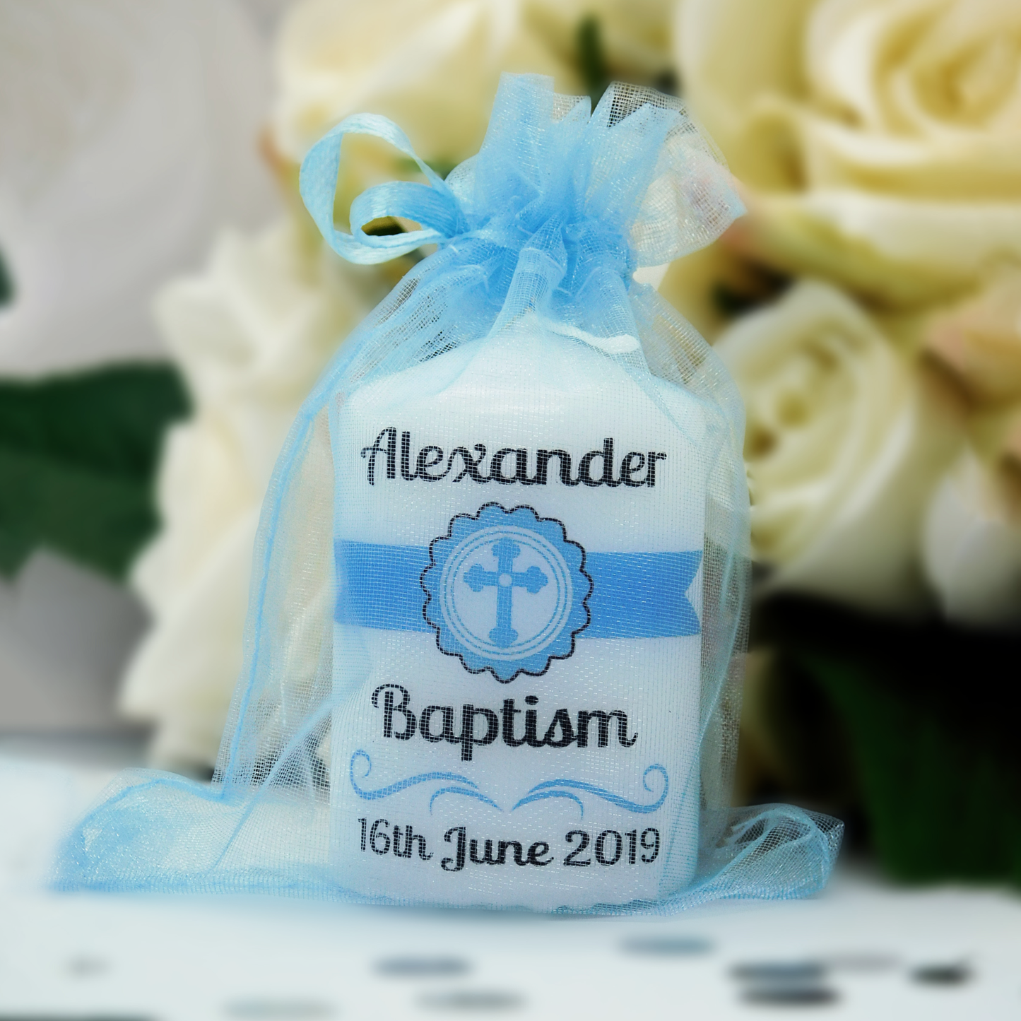 PERSONALISED 6CM CHRISTENING CANDLE FAVOURS PK10 M019