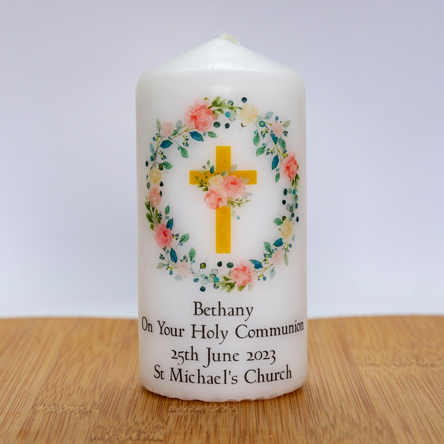 PERSONALISED 12CM FLORAL CROSS CHRISTENING CANDLE P010
