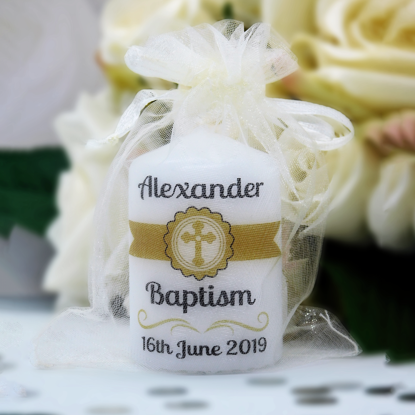 PERSONALISED 6CM CHRISTENING CANDLE FAVOURS PK10 M019