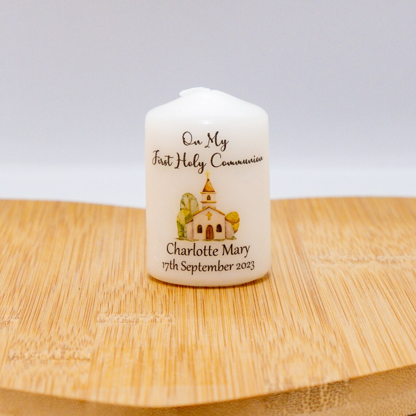 PERSONALISED 6CM CURCH DESIGN CANDLE FAVOURS PK10 M017