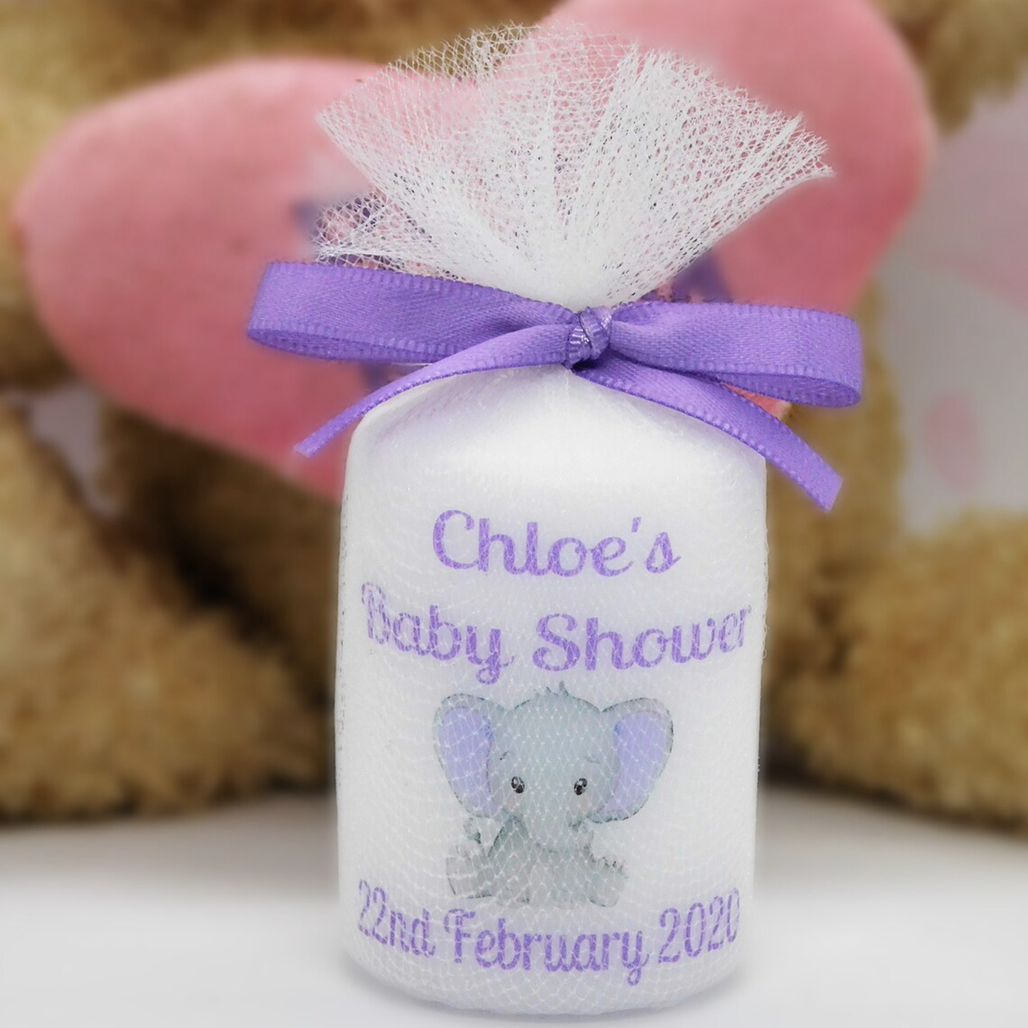 PERSONALISED PK10 ELEPHANT BABY SHOWER 6CM CANDLES FAVOURS M002