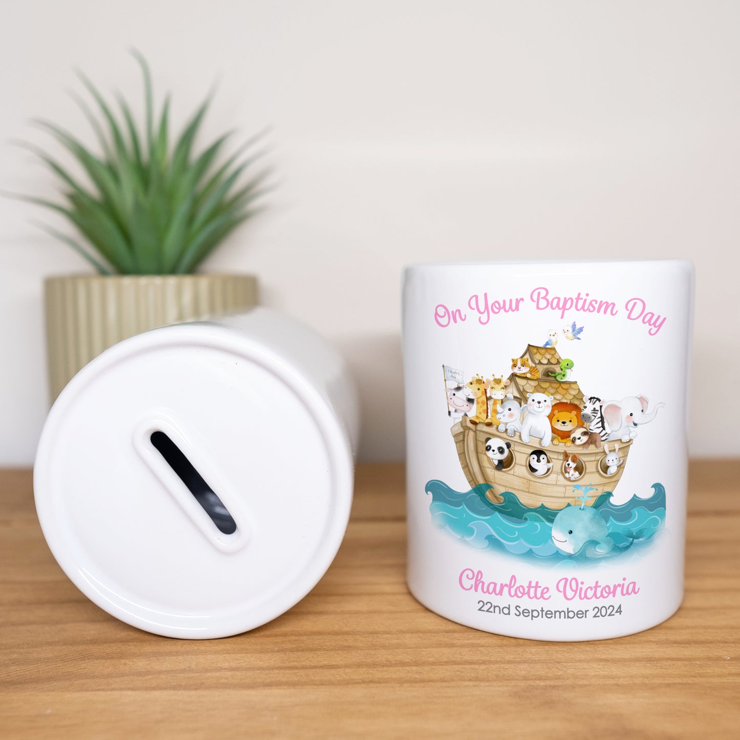 PERSONALISED PINK NOAH'S ARC CHRISTENING CERAMIC MONEY BOX MB003
