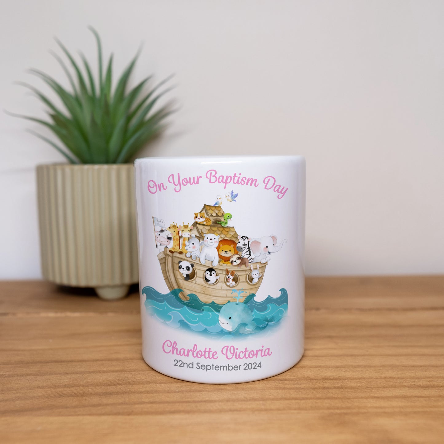 PERSONALISED PINK NOAH'S ARC CHRISTENING CERAMIC MONEY BOX MB003