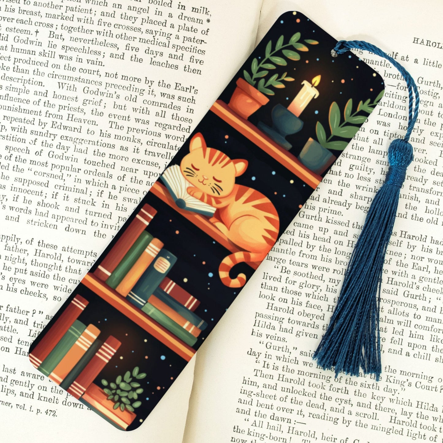 Decorative bookmark with tassel on an open book