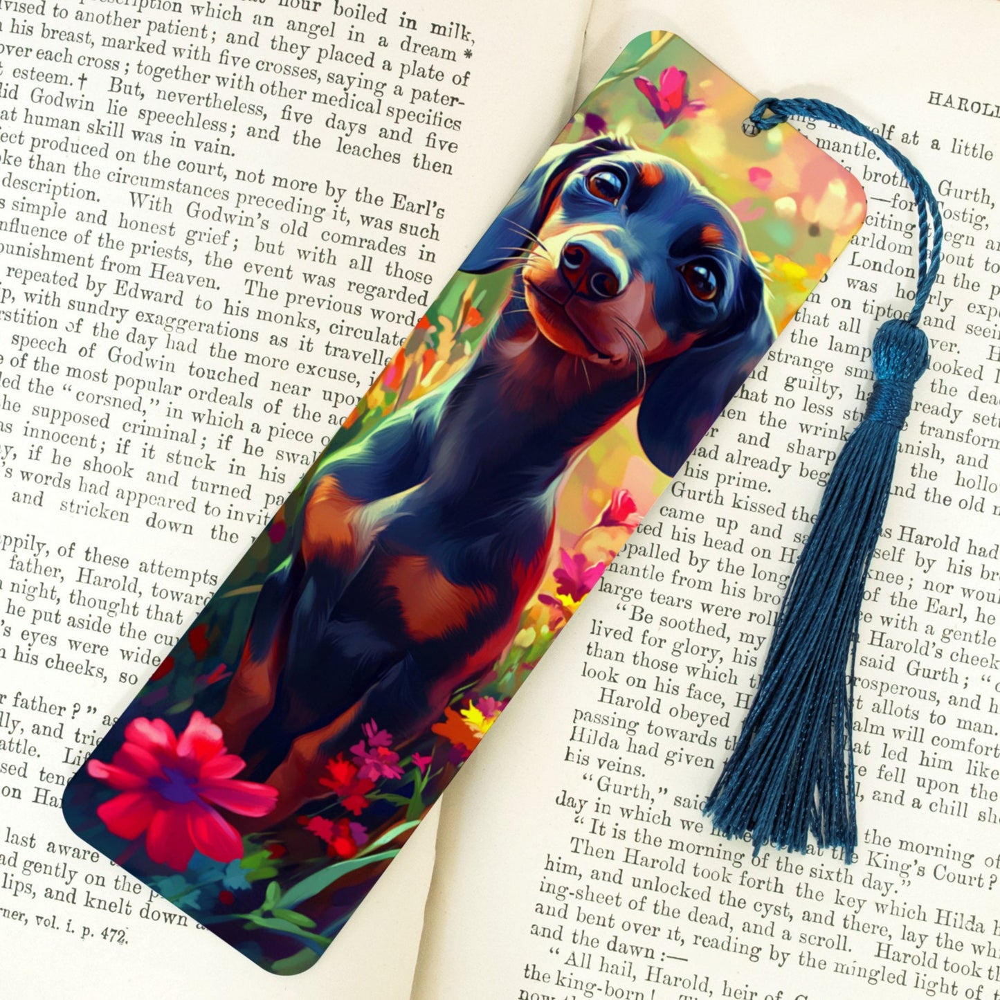 Colorful bookmark with a dachshund design on an open book