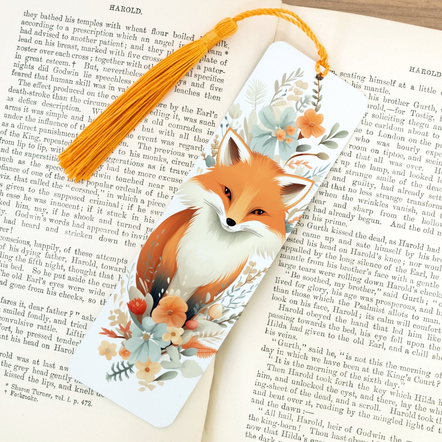Fox-themed bookmark on an open book