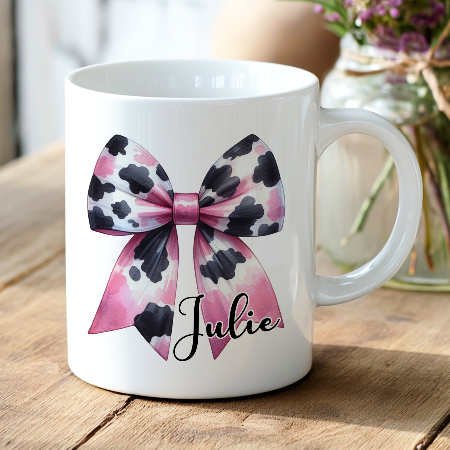 PERSONALISED COW PRINT BOW MUG AND COASTER SET MG061