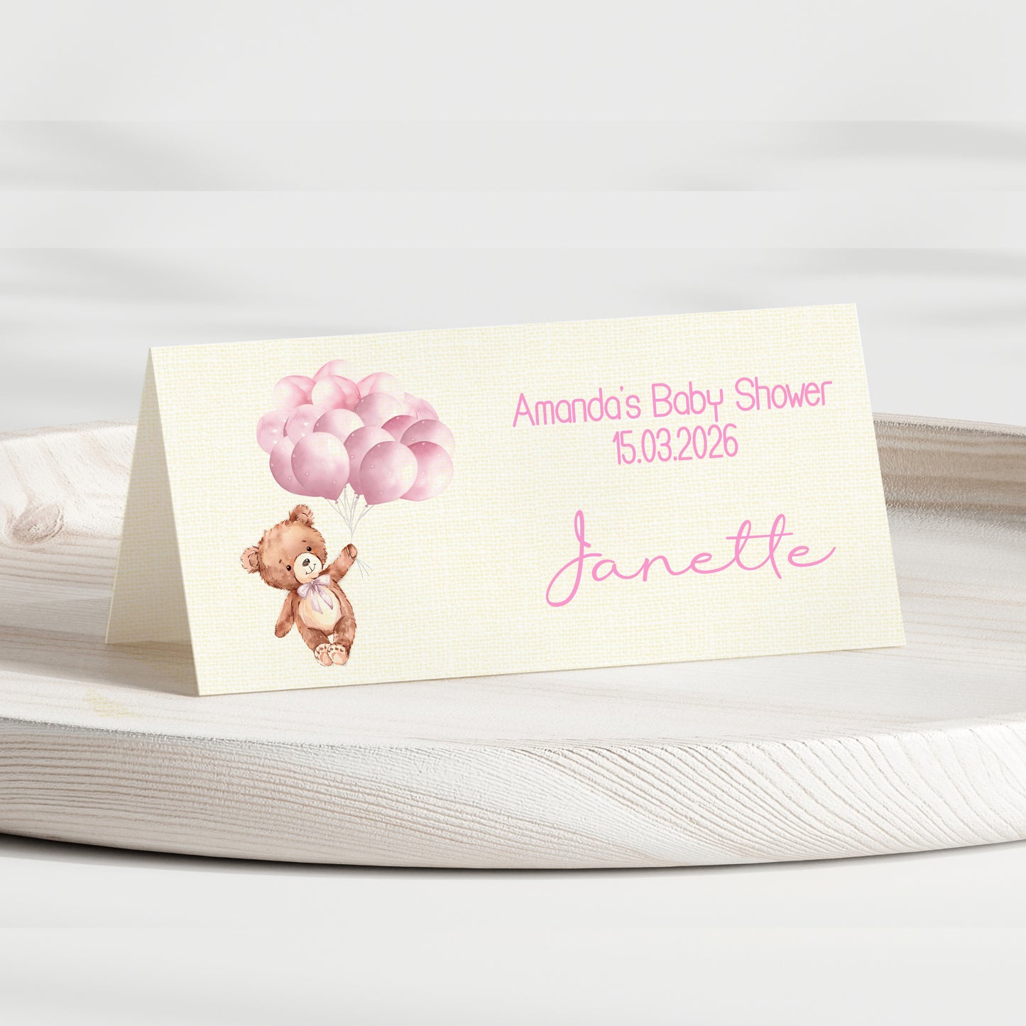 Personalised Teddy Bear Baby Shower Place Cards – Ivory Linen