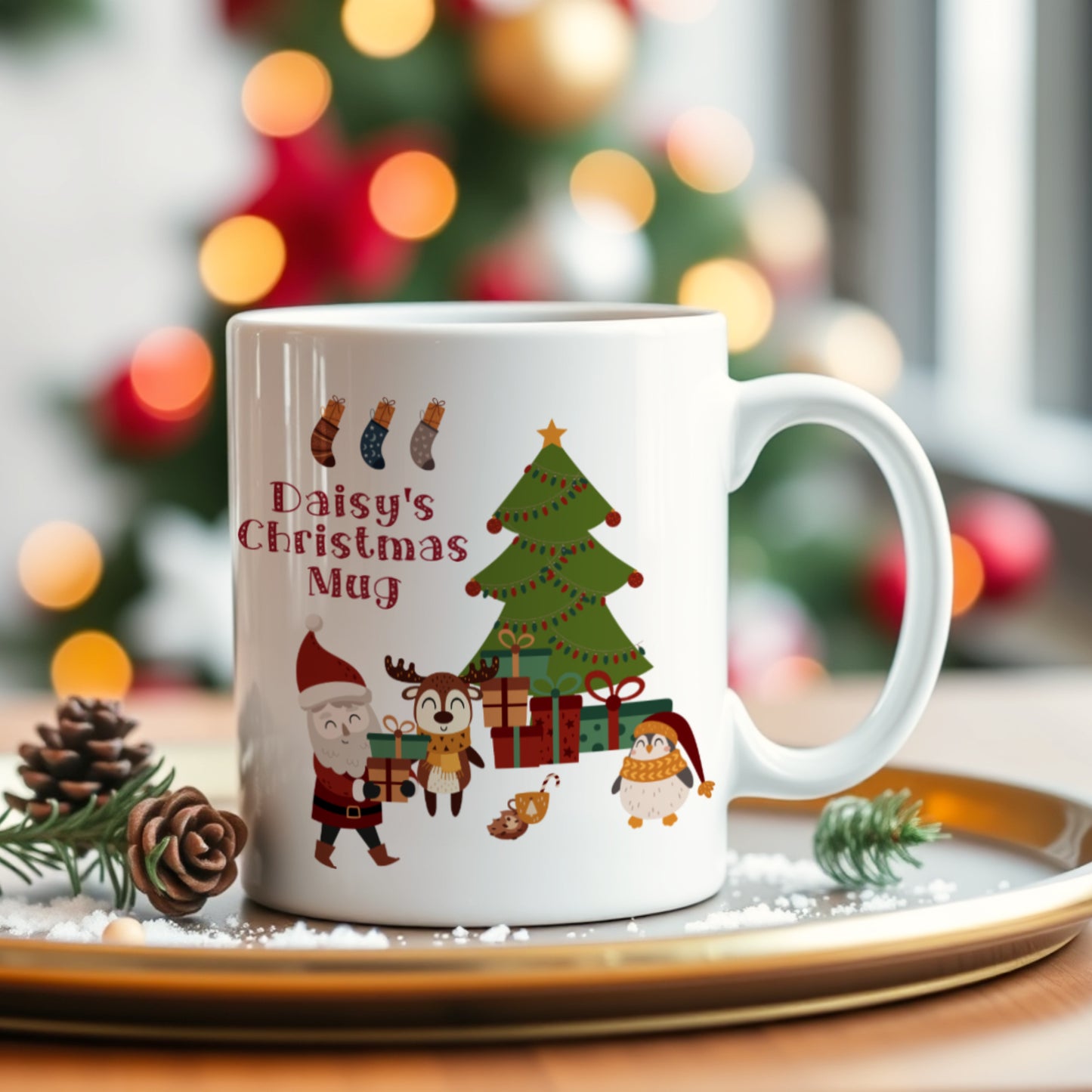 White mug with Christmas-themed design on a decorative plate with a blurred festive background