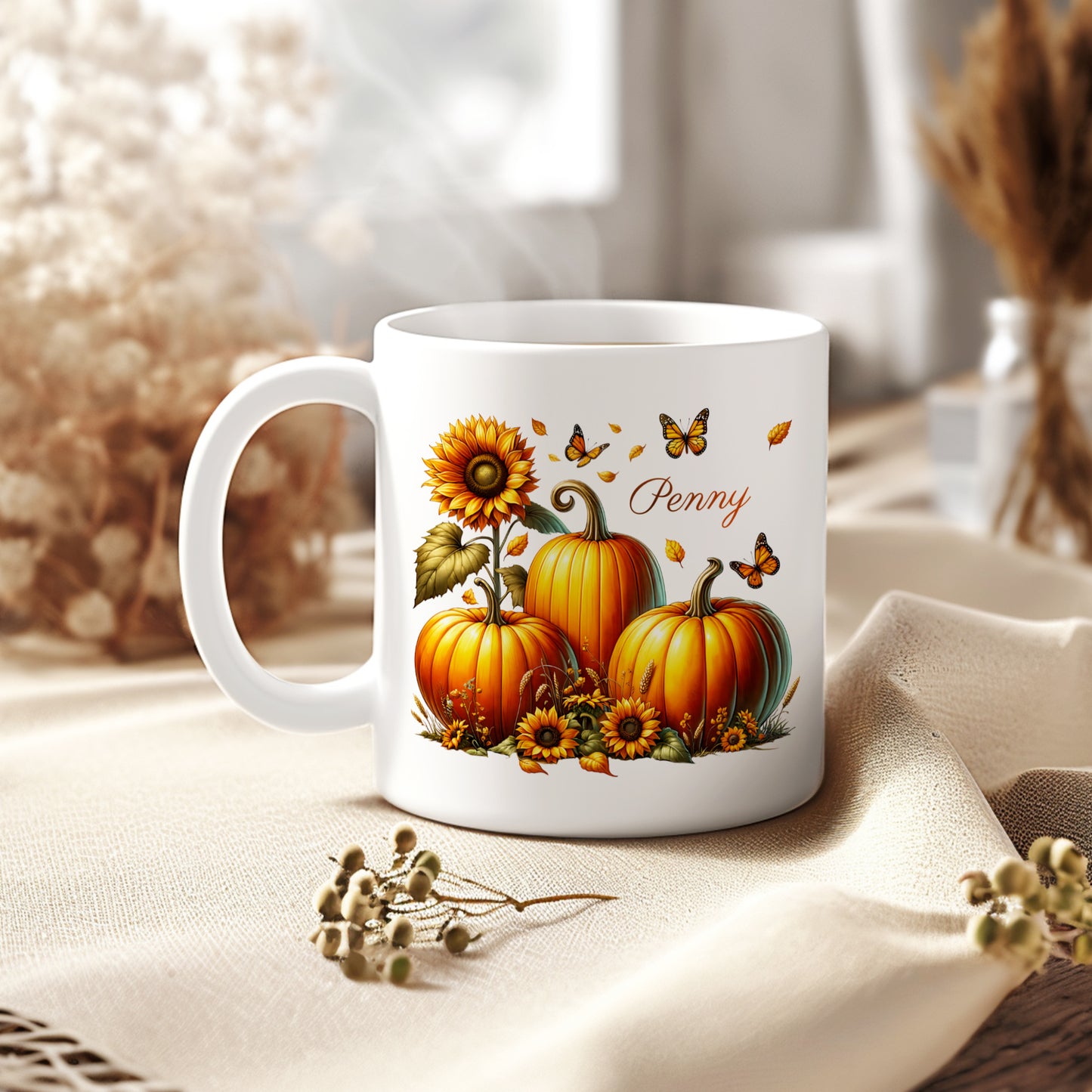 PERSONALISED SUNFLOWER PUMPKIN MUG & COASTER SET MG079