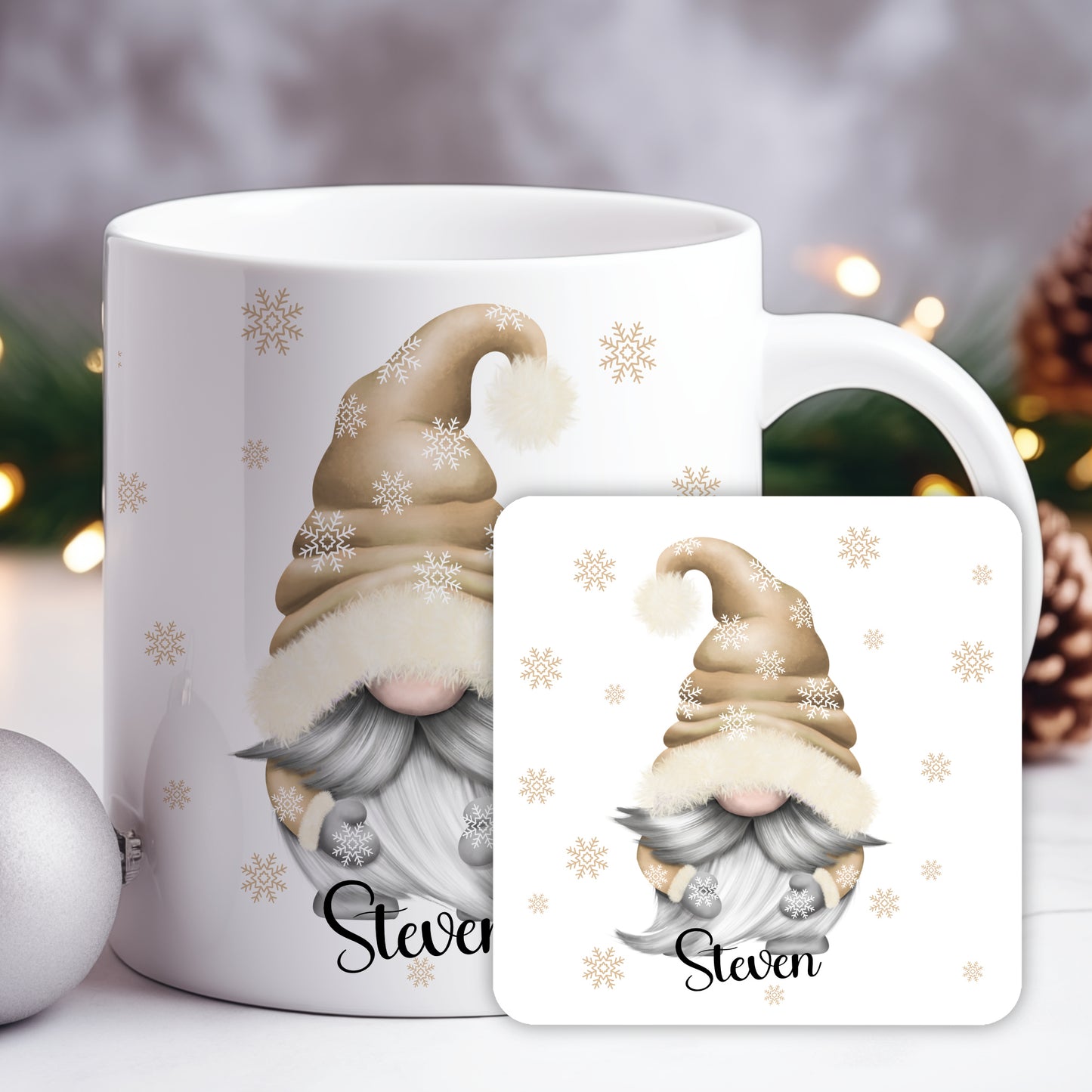 Mug and coaster set with a gnome design and 'Steven' text, on a festive background.
