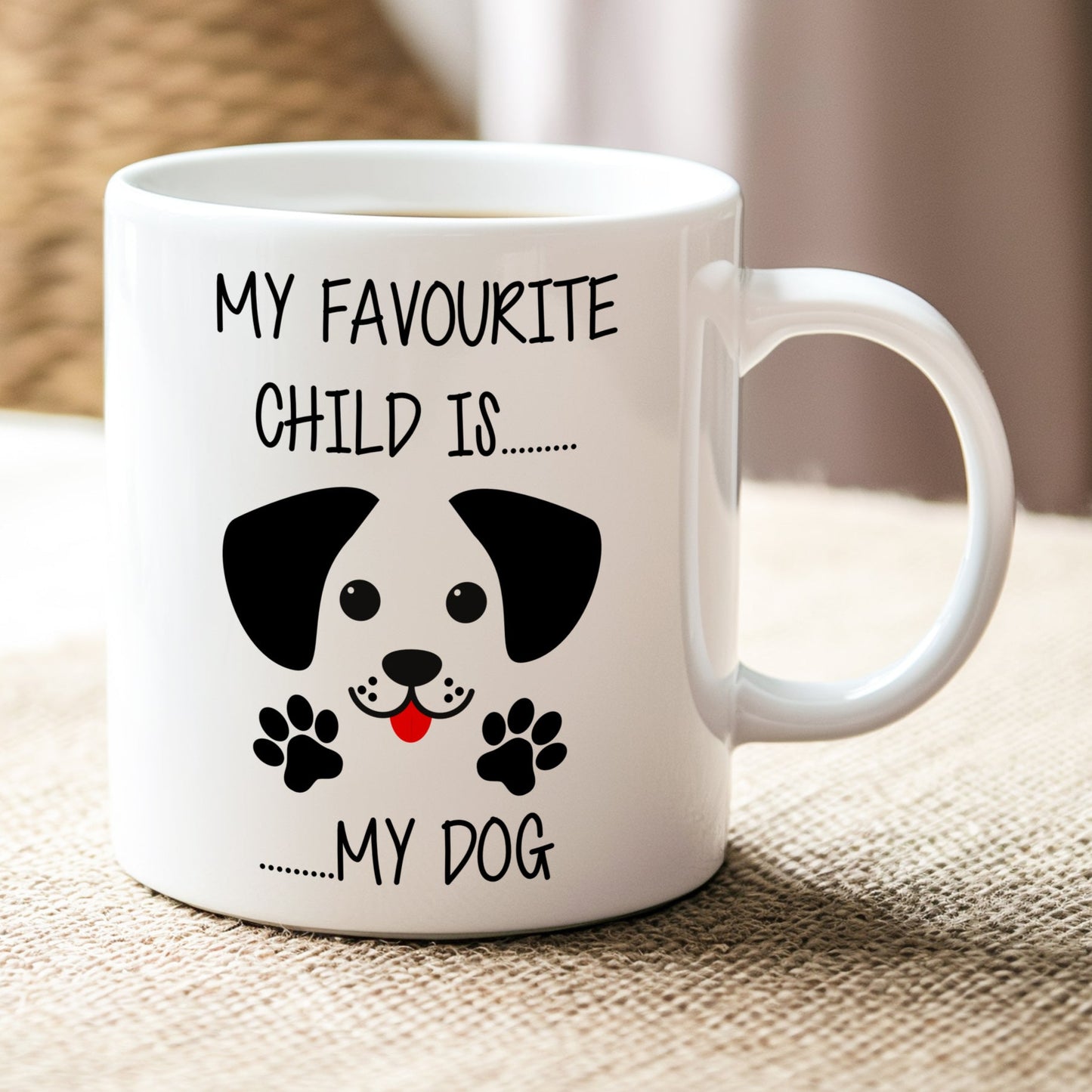 White mug with a dog illustration and text on a textured surface