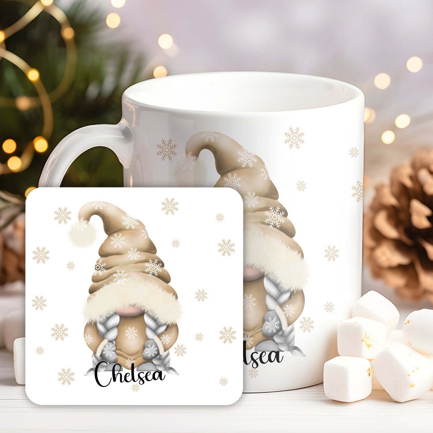 Mug and coaster set with gnome design and 'Chelsea' text, Christmas-themed background.