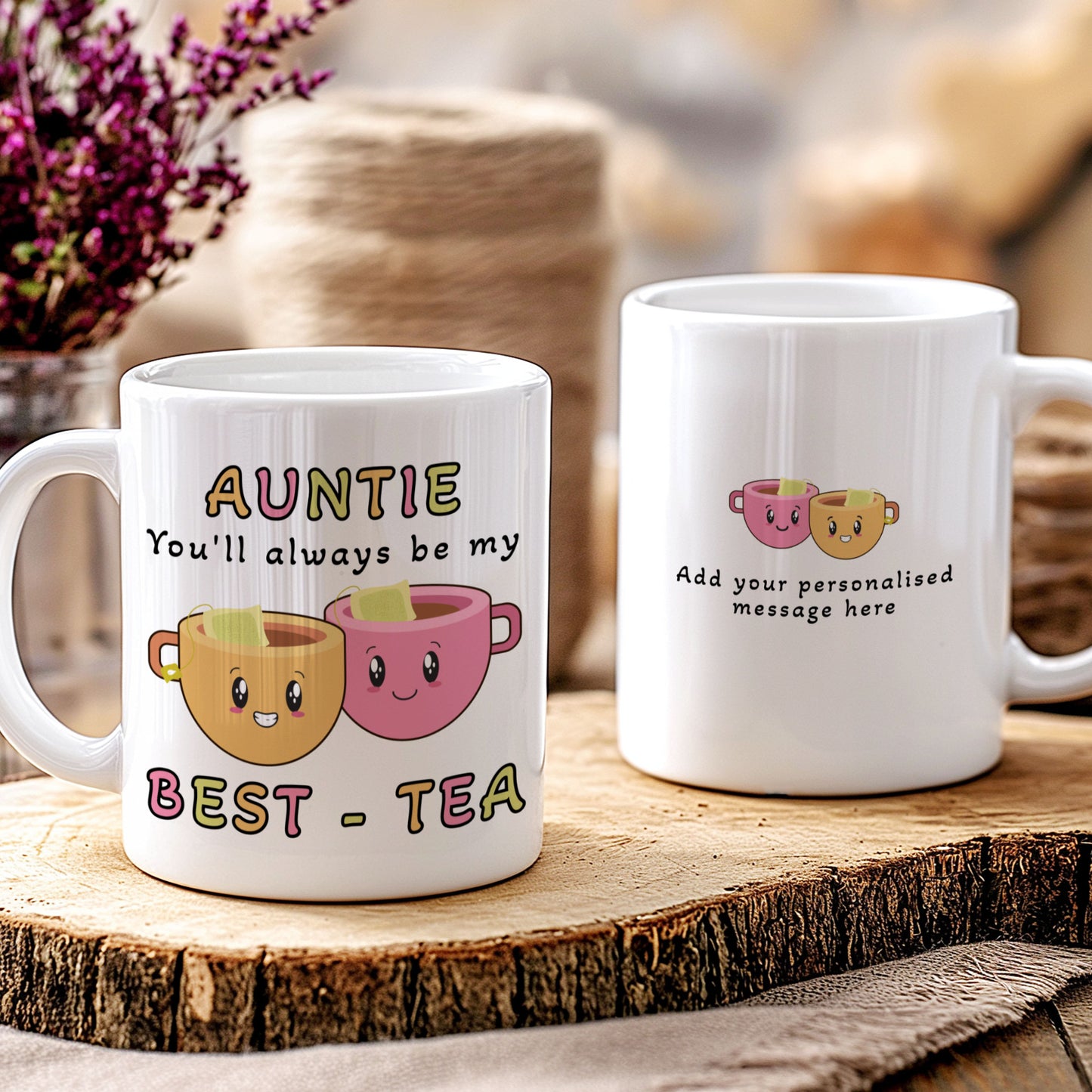 Two white mugs with tea-themed designs on a wooden surface.