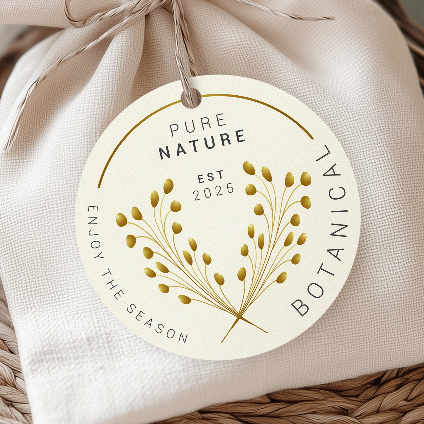 A round tag with a floral design and text, attached to a jar using a twine, showcasing a personalized branding design for 'Lotus Bloom Florals'.