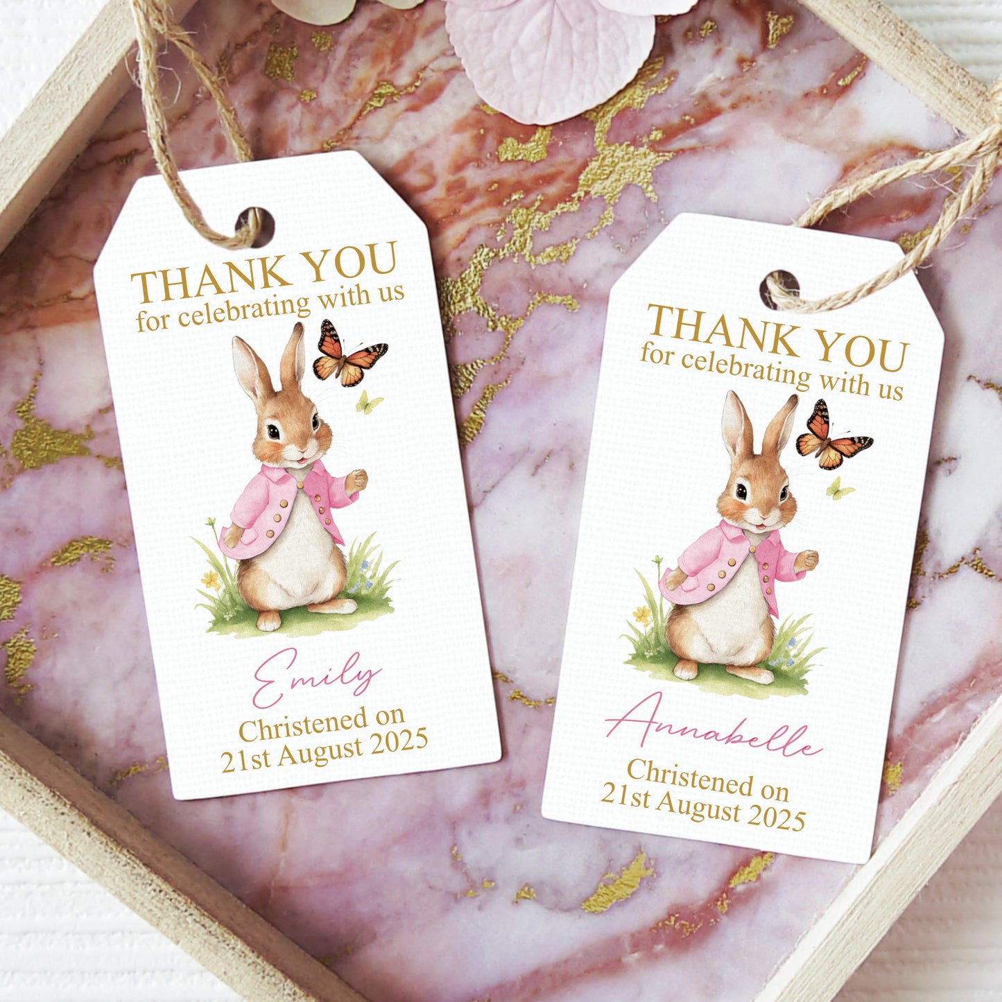 PERSONALISED PK10 FLOPSY BUNNY CHRISTENING TAGS T077