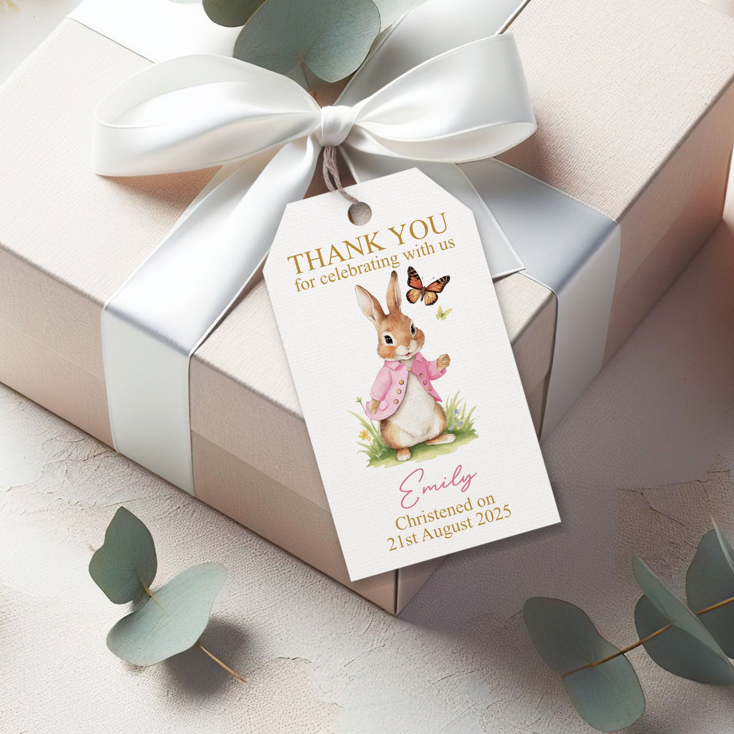 PERSONALISED PK10 FLOPSY BUNNY CHRISTENING TAGS T077