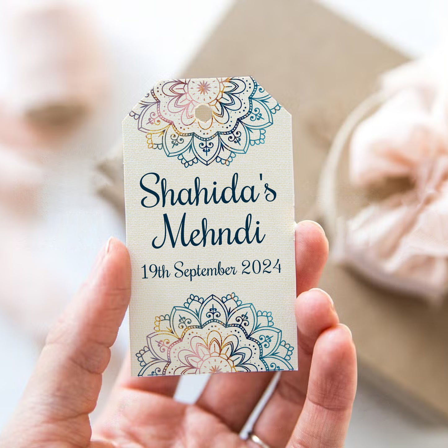 PERSONALISED BLUE MEHNDI FAVOUR TAGS T032