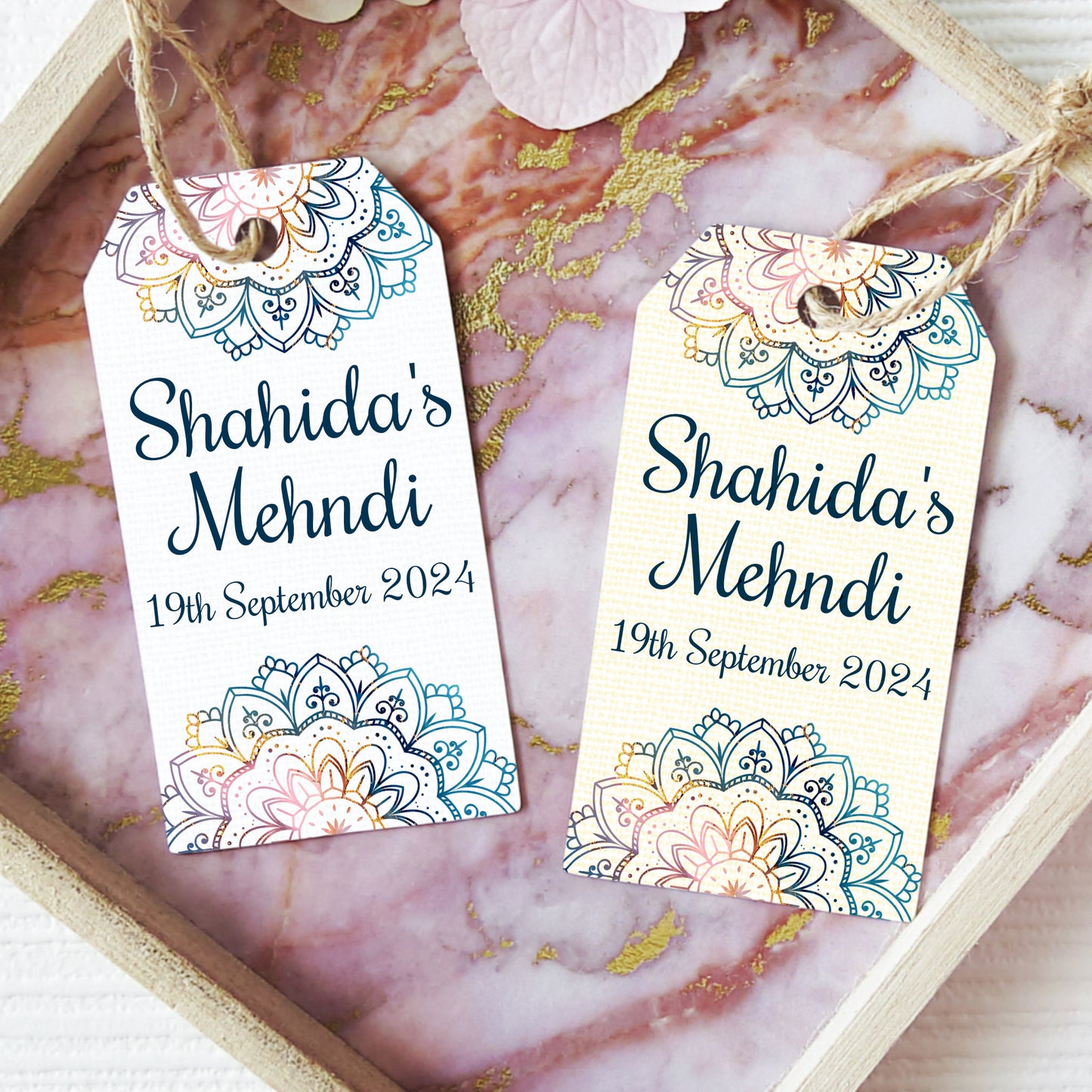 PERSONALISED BLUE MEHNDI FAVOUR TAGS T032