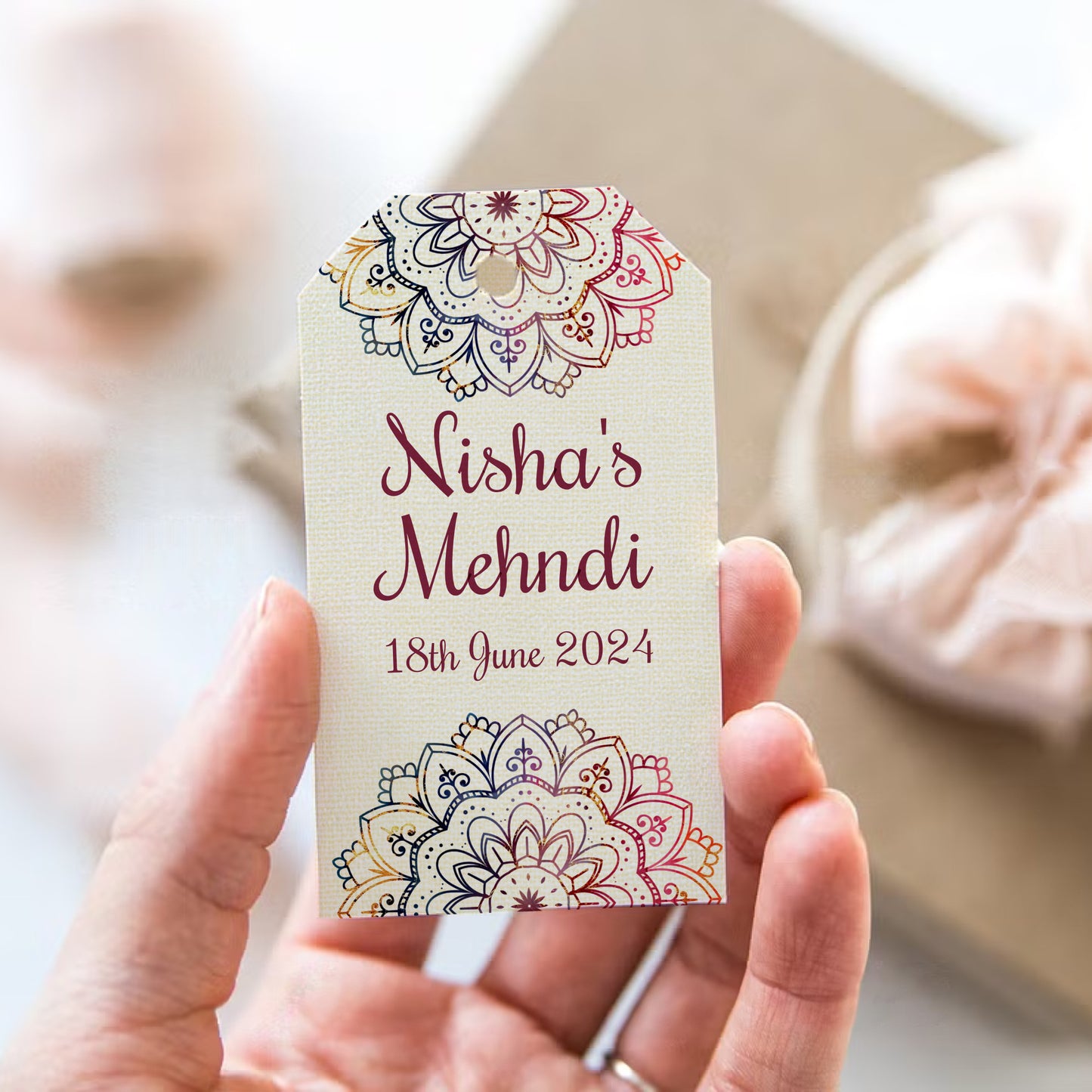 PERSONALISED RED MEHNDI FAVOUR TAGS T041