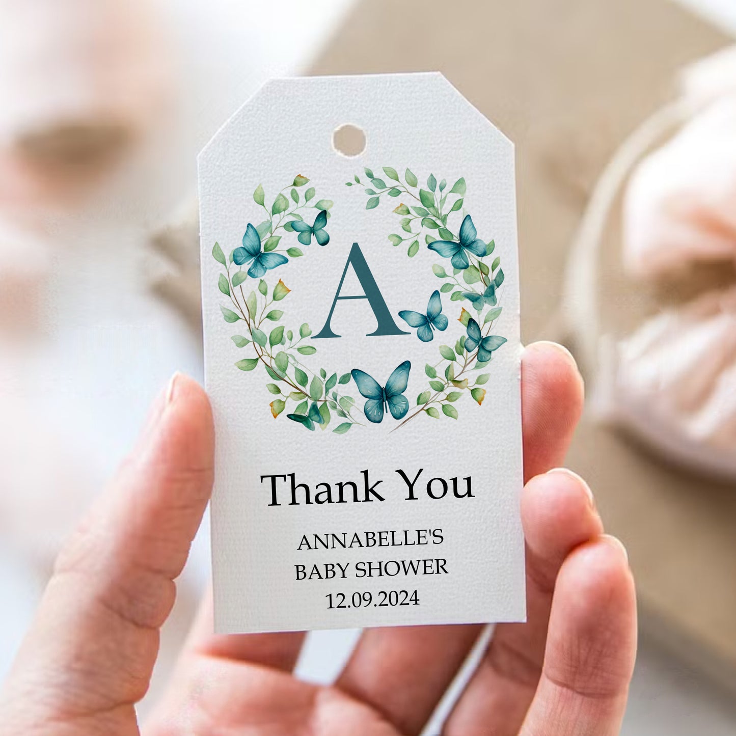 PERSONALISED PK10 EUCALYPTUS BABY SHOWER FAVOUR TAGS T054
