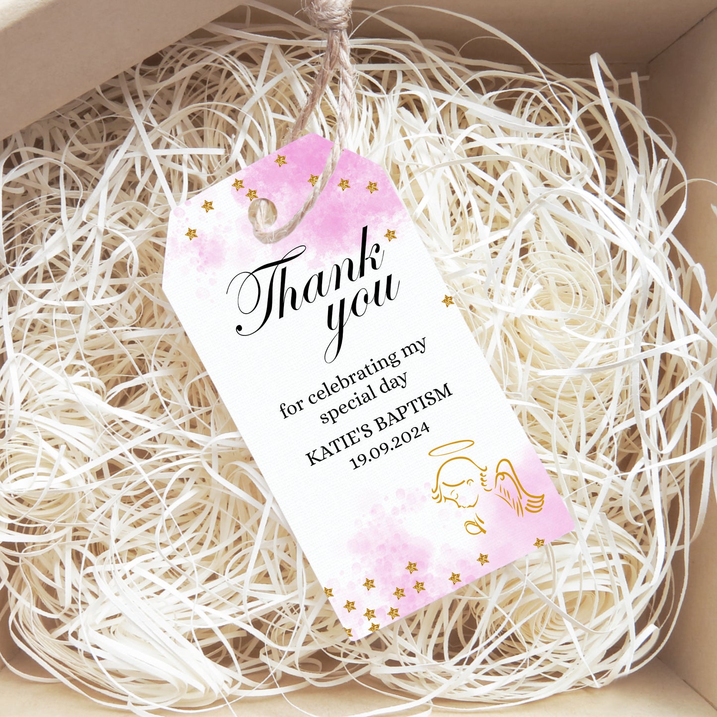 PERSONALISED PK10 ANGEL CHRISTENING TAGS T009