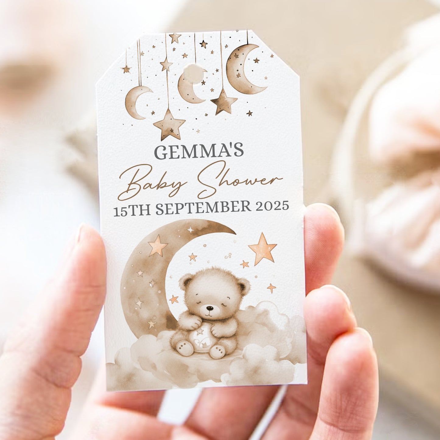 PERSONALISED PK10 NEUTRAL TEDDY BABY SHOWER TAGS T040